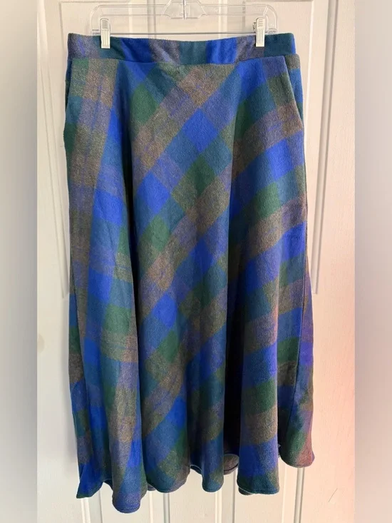NWT EBOSSY Plaid Midi Skirt Blue Green Wool Blend SIZE XXL Flare Pockets - Picture 3 of 12